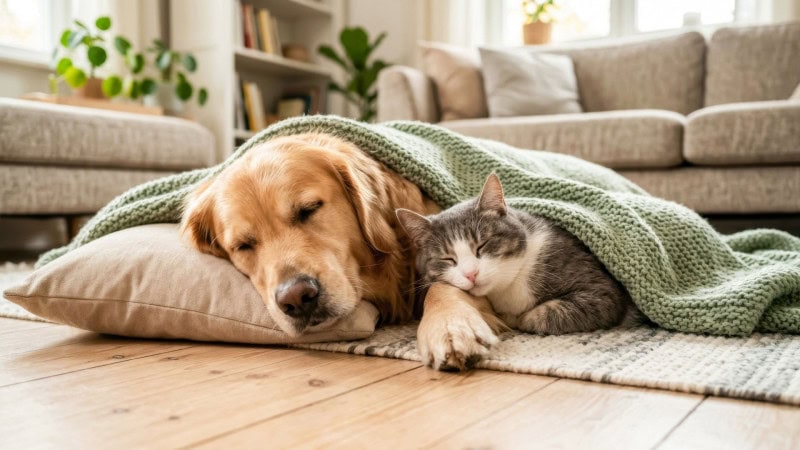 Dog and cat sleeping together under a shared blanket.