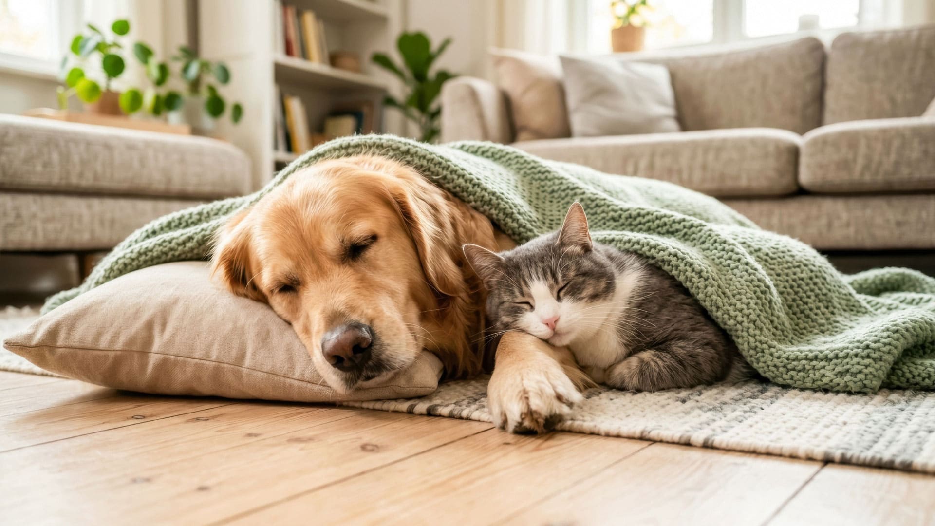 Dog and cat sleeping together under a shared blanket.