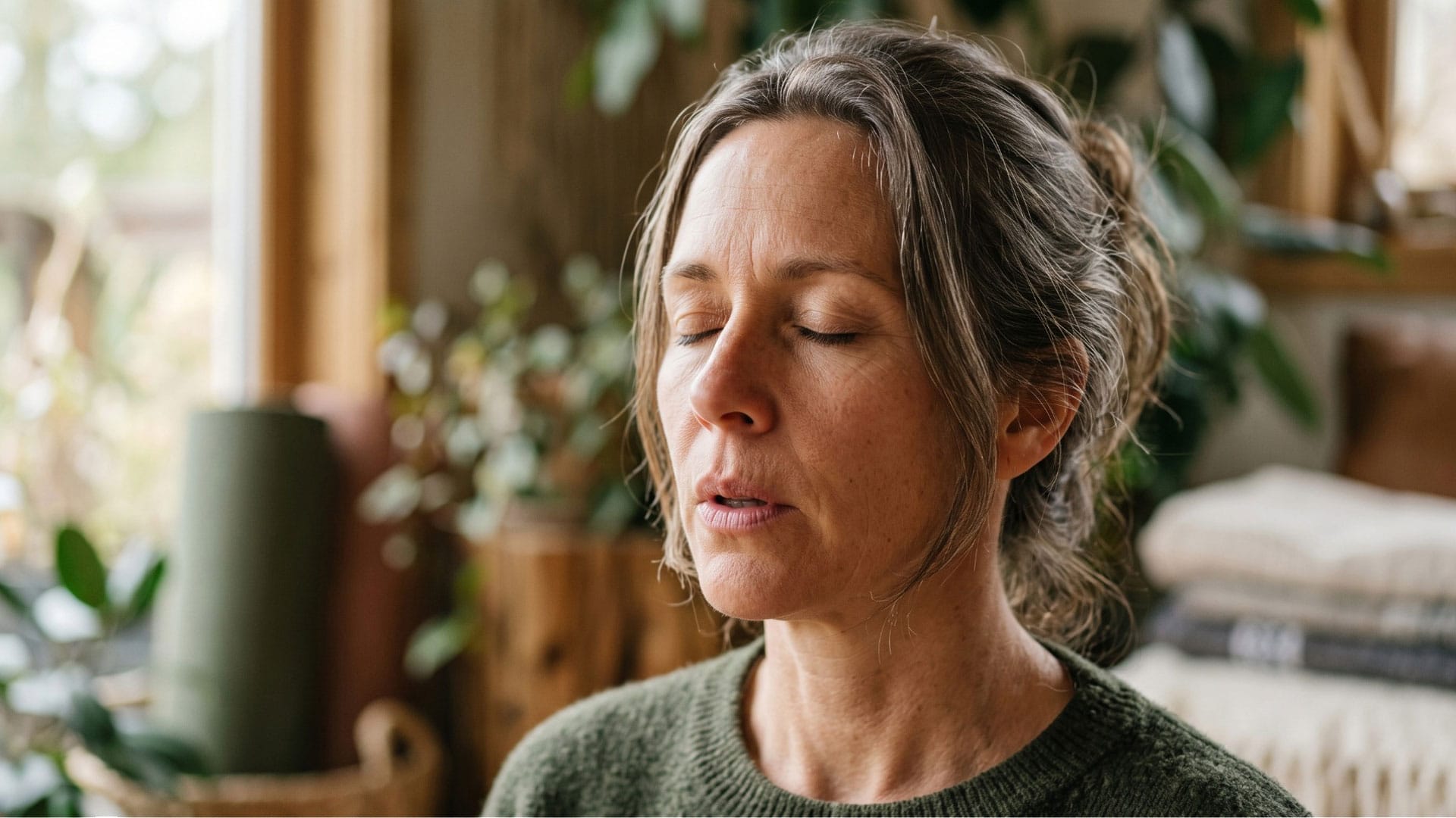 Midlife woman resting with her eyes closed at home.