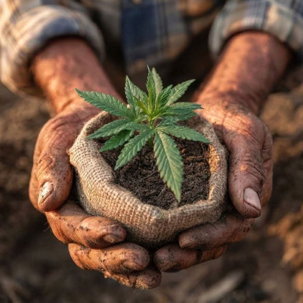 Hands holding a young cannabis plant growing in soil