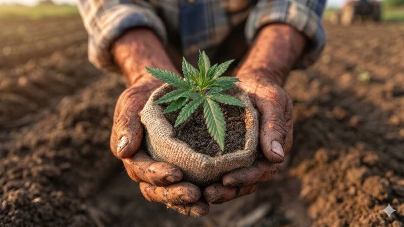 Hands holding a young cannabis plant in a burlap-wrapped soil ball in a cultivated field.