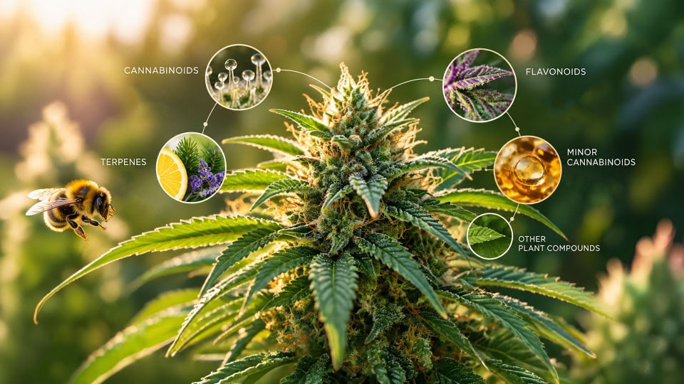 Cannabis flower surrounded by illustrations of cannabinoids, terpenes, flavonoids, and other plant compounds.