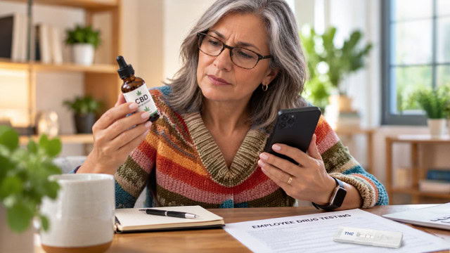 Woman examining a CBD oil bottle while holding a smartphone, with employee drug-testing paperwork on the table.