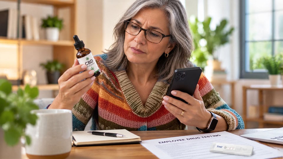 Woman examining a CBD oil bottle while holding a smartphone, with employee drug-testing paperwork on the table.