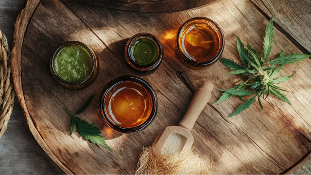 Cannabis leaves beside glass containers of botanical extracts on a wooden surface.