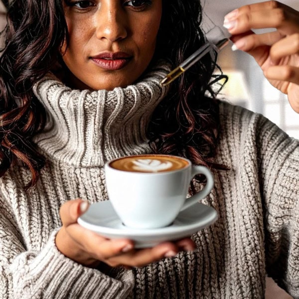 Woman holding a dropper over a cup of coffee.