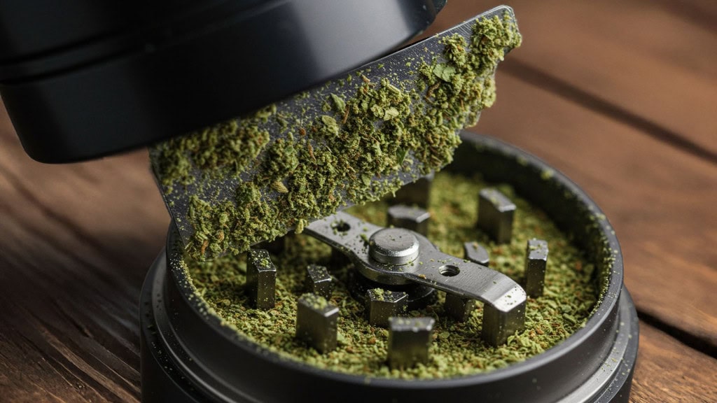 Close up of a black herb grinder with green plant matter inside
