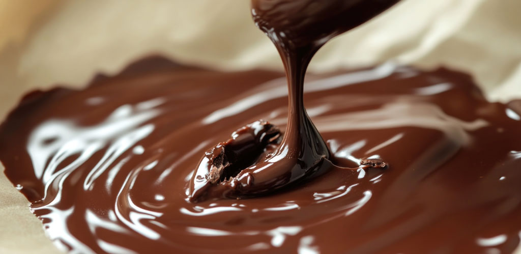Melted chocolate being poured onto parchment paper, showing a smooth, glossy texture during the tempering process.