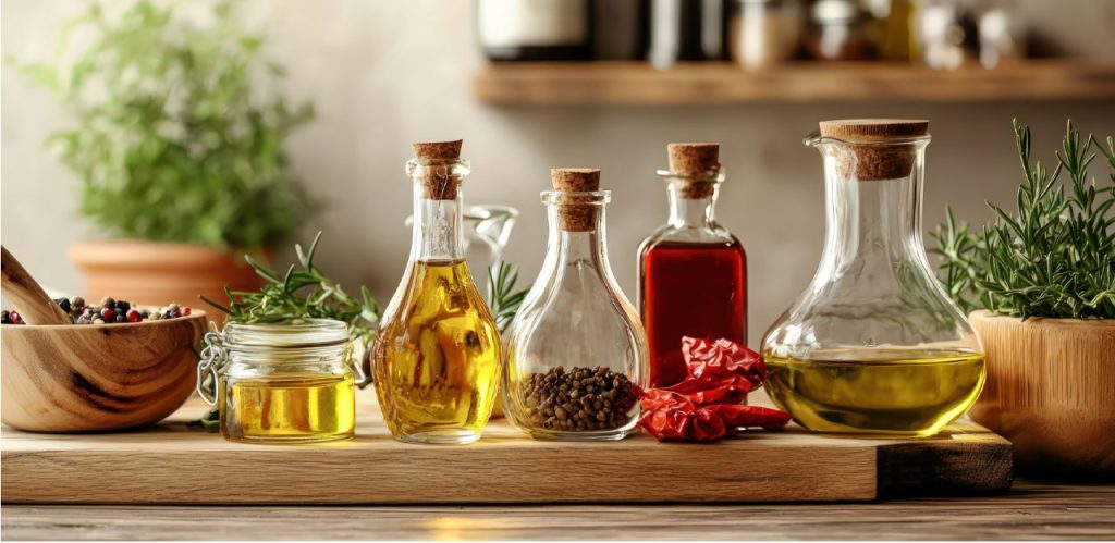 Oil on glass bottles over a wooden kitchen counter