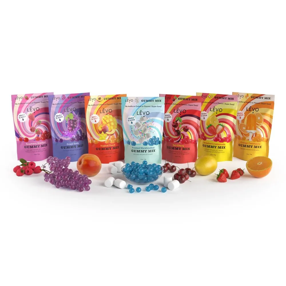 Seven colorful LEVO Gummy Mix bags with fruit and gummies displayed — featuring natural flavors like raspberry, cherry, and orange for fun infused creations.