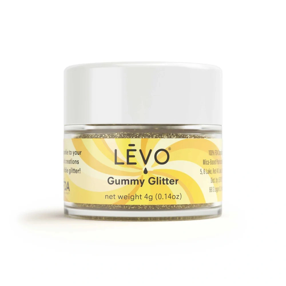 Jar of LEVO Gummy Glitter in gold, adding an edible shimmer to homemade THC or CBD gummies — vegan, sugar-free, and food-safe.