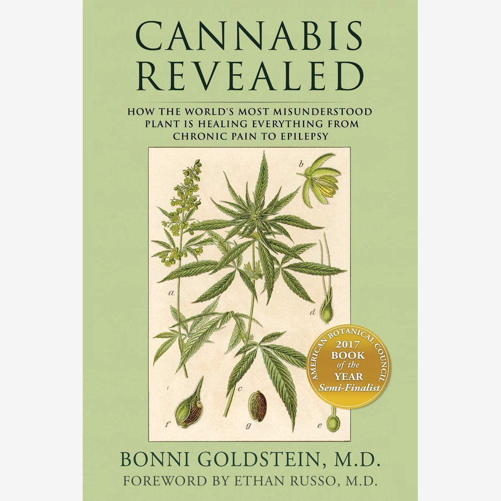 Cover of “Cannabis Revealed” by Dr. Bonni Goldstein, featuring a clean white background with a green cannabis leaf and subtitle about the plant’s therapeutic potential.