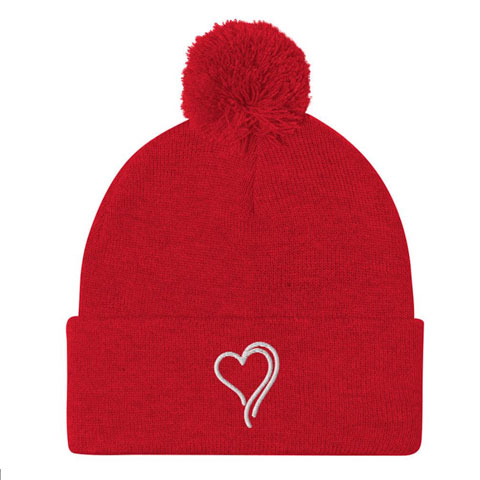 Red cuffed pom beanie with a embroiled heart