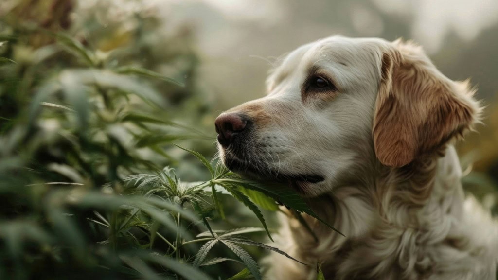 Dog sniffing a leafy cannabis plant outdoors.