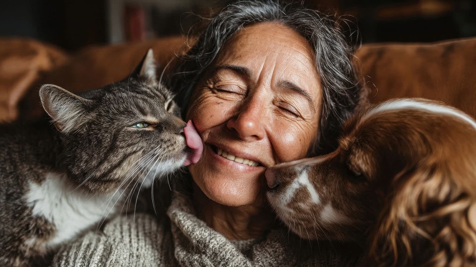 Older woman smiling while a cat and dog affectionately nuzzle her face.