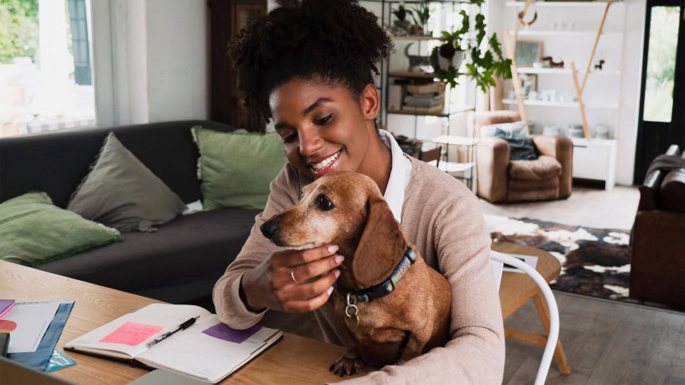 Woman sitting at a table with a small dog while looking at notes and paperwork.