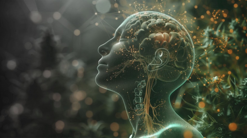 Illustration of a human head and brain with glowing neural and signaling pathways, representing the body’s internal regulatory systems.