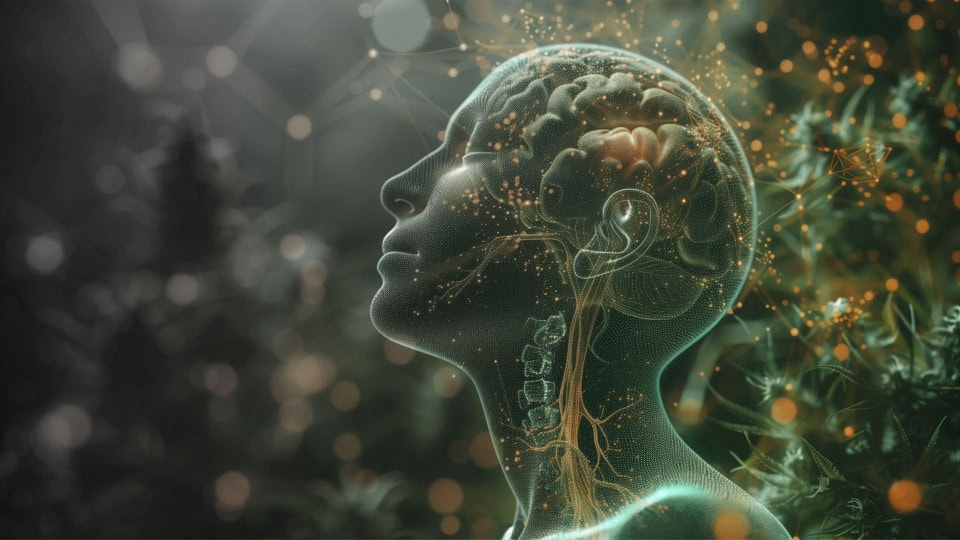 Illustration of a human head and brain with glowing neural and signaling pathways, representing the body’s internal regulatory systems.