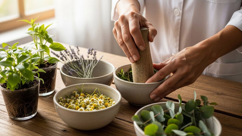 Medicinal herbs and plant-based compounds in bowls with apothecary bottles
