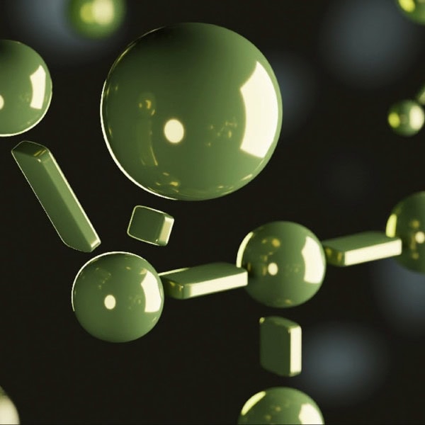 Green molecule structure on a dark background
