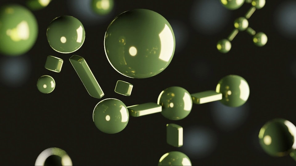 Green molecule structure on a dark background