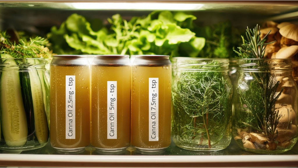 Homemade cannabis edibles and infused oils stored in labeled airtight containers for freshness and safe storage.