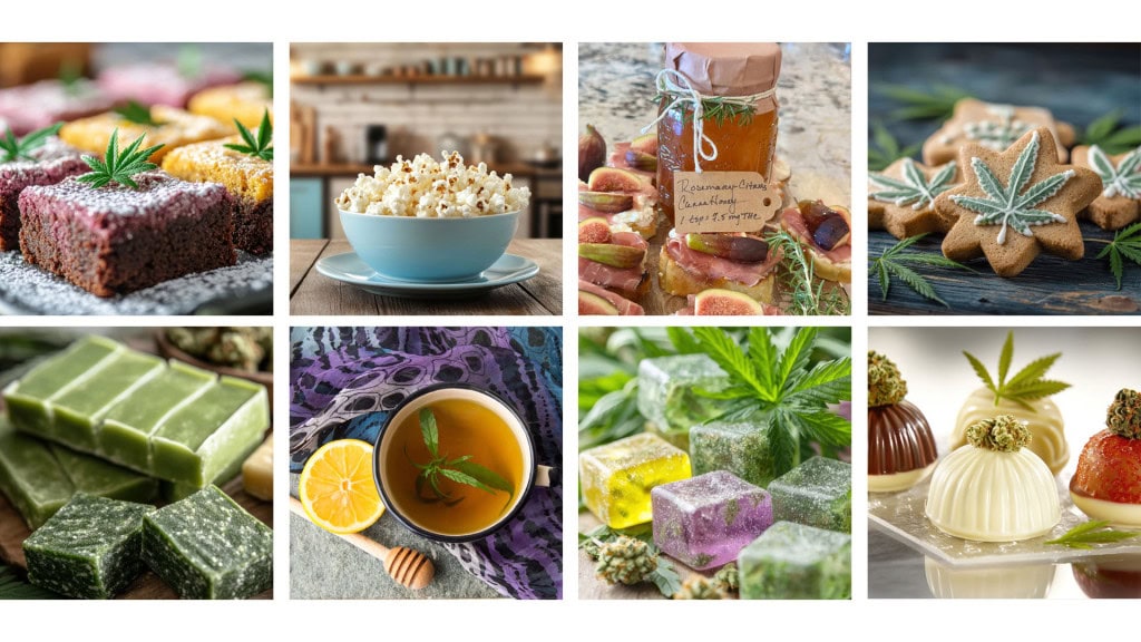 Collage of beginner-friendly homemade cannabis edibles including brownies, gummies, popcorn, tea, and infused honey.