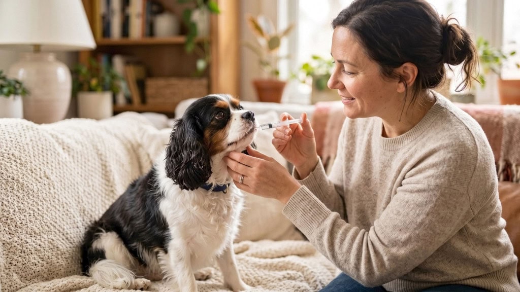 Person giving CBD oil to a dog using a dropper indoors.