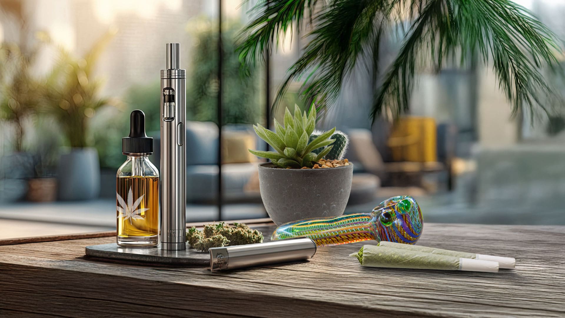 Dry herb vaporizer and cannabis flower joint shown side by side in a vaping versus smoking cannabis comparison.